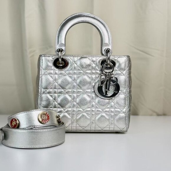 Dior Silver Leather Medium Lady Dior Shoulder Bag with Quilted Design - Picture 2 of 12